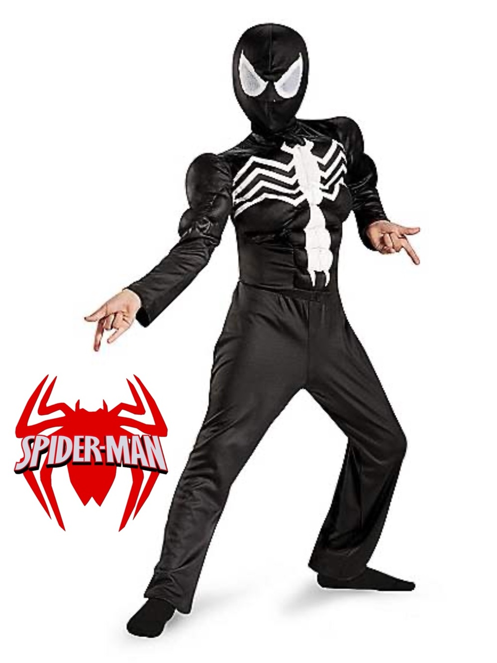 🕷️ Kids Black Spider Muscle Costume Jumpsuit + Mask Hood Size Medium